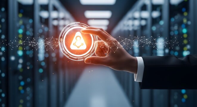 A futuristic hand holds a glowing triangle symbol in a server room environment.