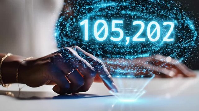 A person's hand interacts with a glowing blue digital interface with a statistic