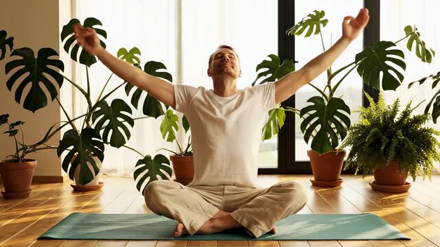 Serene man practicing yoga meditation surrounded by plants in natural light,enhancing wellbeing and mindfulness for healthy lifestyle and mental peace