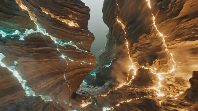 Cross-section of earth revealing layered strata and glowing crystalline formations inside a cavern