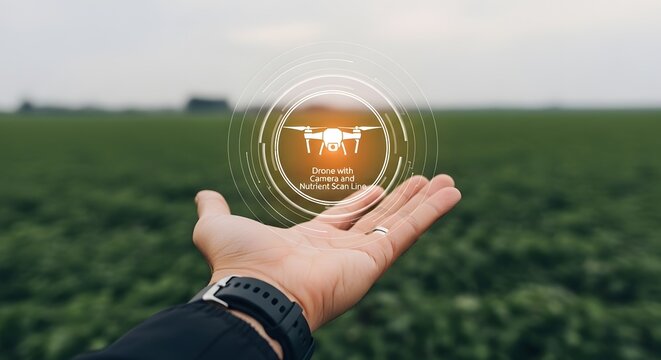 Hand holding drone icon over green field with cloudy sky