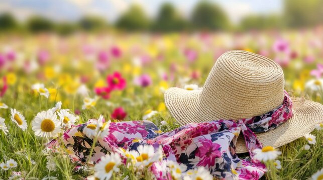 Straw hat and floral scarf in a vibrant spring meadow