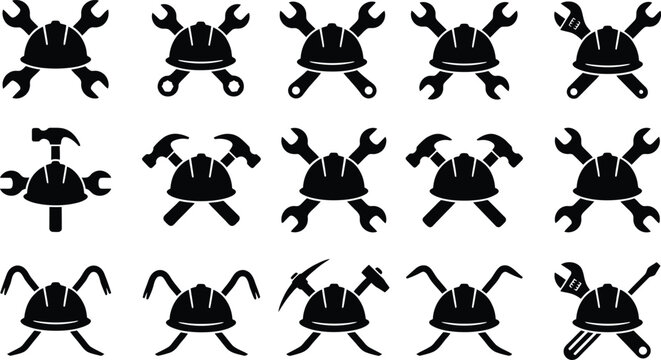 Sammlung von Piktogrammen mit Bauhelmen und gekreuzten Werkzeugen, ideal f&uuml;r Handwerk und Industrie.