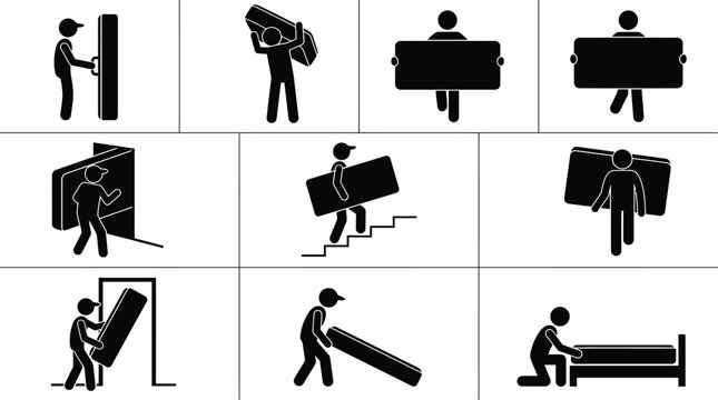 Anleitung zum Umzug einer Matratze: Schritt-f&uuml;r-Schritt-Darstellung des Transports und der Platzierung.