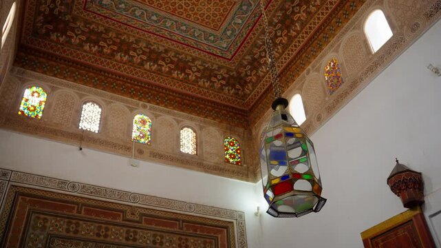 Moroccan Palace Ceiling with Hanging Lantern and Ornate Islamic Details, low angle