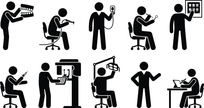 Piktogramme von Zahn&auml;rzten und Zahntechnikern bei der Aus&uuml;bung verschiedener zahnmedizinischer T&auml;tigkeiten.