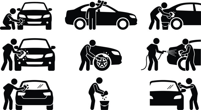 Piktogramme zeigen verschiedene Schritte und T&auml;tigkeiten beim Autowaschen und der Fahrzeugpflege.