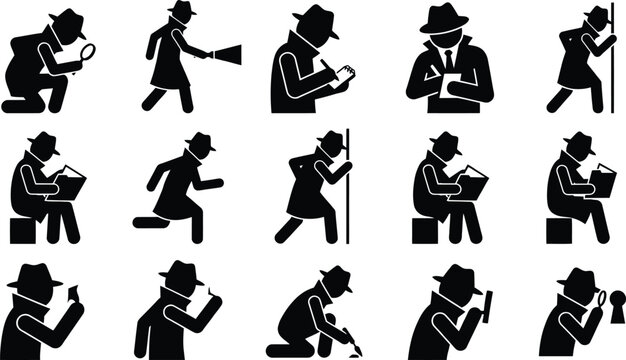Detektiv- und Spionage-Piktogramme, die verschiedene Ermittlungsaktionen und Beobachtungen darstellen.