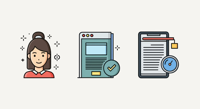 Flat Icons: User Profile, Web Page Approval, Task Management with Timer