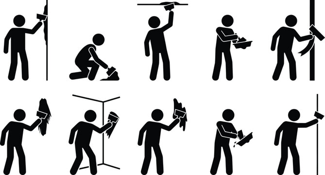 Pessoas em figuras de palito realizando diversas tarefas de limpeza e manuten&ccedil;&atilde;o em diferentes superf&iacute;cies e ambientes.