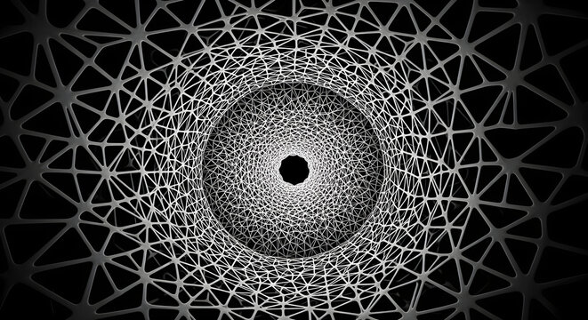 A mesmerizing black and white illustration of a geometric pattern forming a circular design