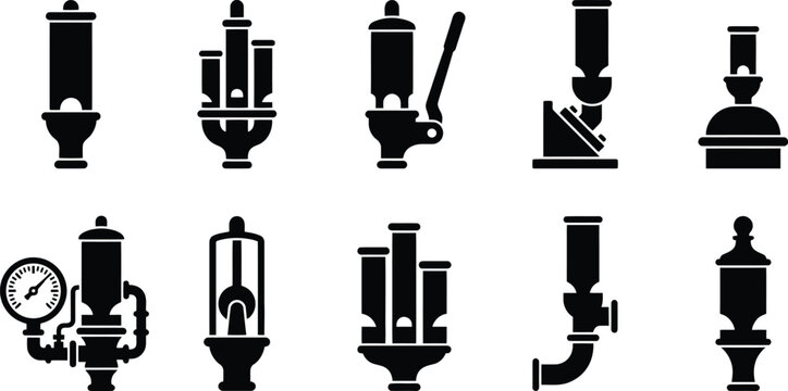 Detaillierte Darstellung verschiedener Dampfpfeifen und industrieller Signalgeber als Silhouetten-Icons.