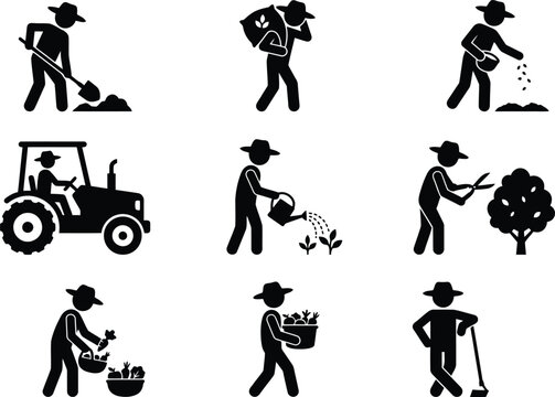 Bauern- und Gartenarbeiten: Eine Sammlung von Piktogrammen, die verschiedene landwirtschaftliche T&auml;tigkeiten darstellen.