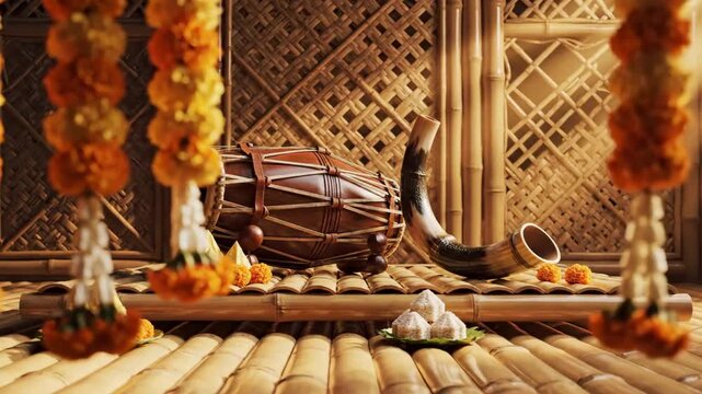 Traditional assamese bihu instruments and sweets arranged for rongali bihu festival celebration with marigold garlands.