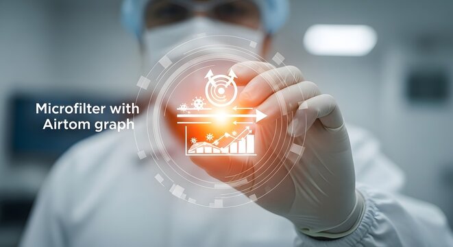 A scientist in a lab examines a microfilter with an airtom graph.