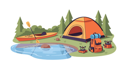 Naklejka premium Outdoor enthusiasts set up camp near serene lake with kayaks and gear for adventurous days