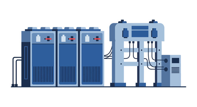 Modern industrial machinery with multiple blue server racks and a complex hydraulic press system connected by cables.
