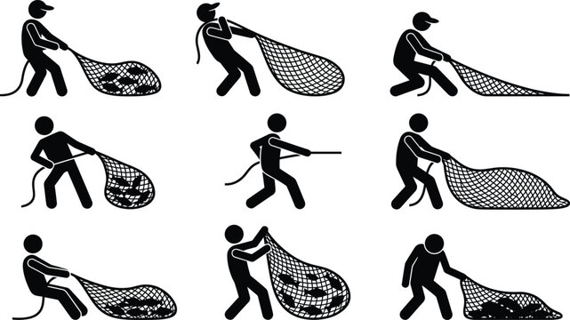 Homens puxando redes de pesca cheias de peixes em v&aacute;rias etapas da atividade.