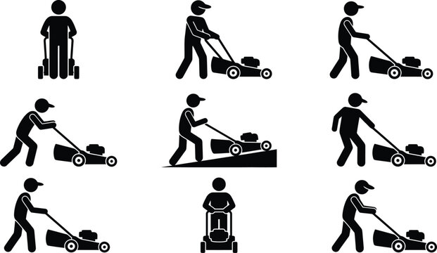 V&aacute;rias ilustra&ccedil;&otilde;es de pessoas usando cortadores de grama em diferentes posi&ccedil;&otilde;es e cen&aacute;rios.