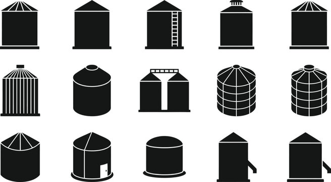 Silhuetas de silos e tanques de armazenamento para agricultura e ind&uacute;stria.