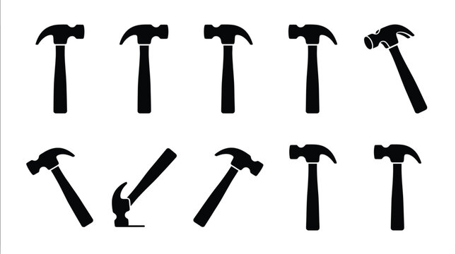 Dez silhuetas pretas de martelos de garra em v&aacute;rias posi&ccedil;&otilde;es sobre um fundo branco isolado.