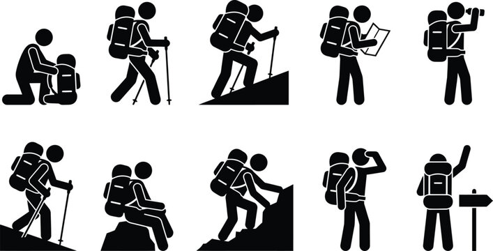 Conjunto de pictogramas de pessoas caminhando e fazendo trilhas com mochilas e bast&otilde;es, explorando a natureza e montanhas.