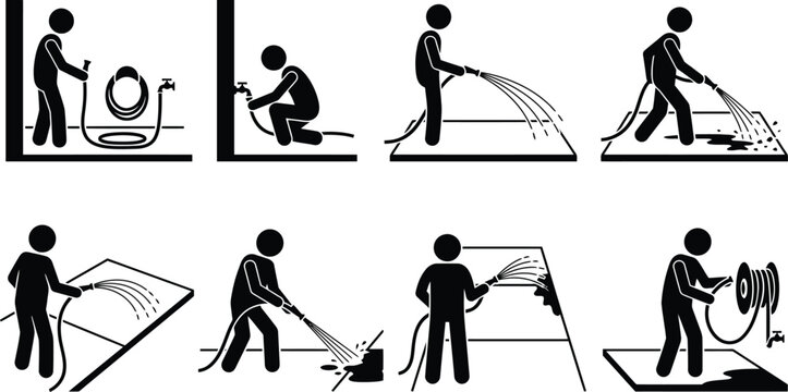 Instru&ccedil;&otilde;es detalhadas sobre como usar uma mangueira de jardim para limpeza e organiza&ccedil;&atilde;o.