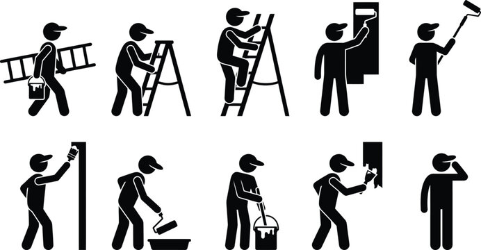 Pintores em v&aacute;rias poses e a&ccedil;&otilde;es, incluindo carregar escadas, pintar paredes e tetos com rolos e pinc&eacute;is.
