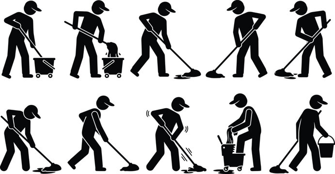 V&aacute;rias figuras de pau realizando diferentes tarefas de limpeza, como esfregar, varrer e esvaziar baldes.