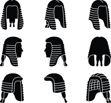 Silhuetas pretas de perucas de ju&iacute;zes e advogados em diferentes &acirc;ngulos e estilos, representando o sistema legal.