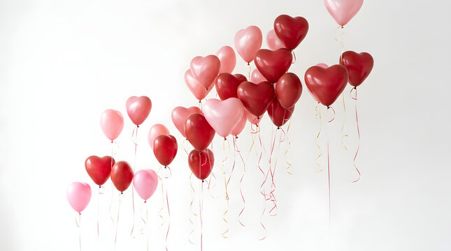 A bunch of red and pink heart-shaped balloons float in the air against a white background, creating a festive scene with Balloom decorations