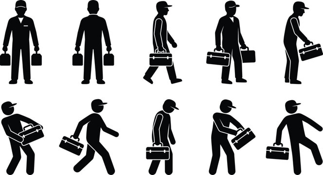Silhuetas de um homem de neg&oacute;cios carregando uma pasta em v&aacute;rias poses e a&ccedil;&otilde;es, representando trabalho e movimento.