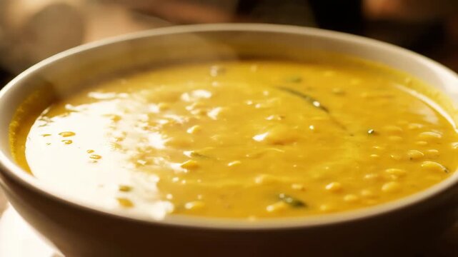 Ultra realistic cinematic close-up of sri lankan dhal curry with creamy lentils