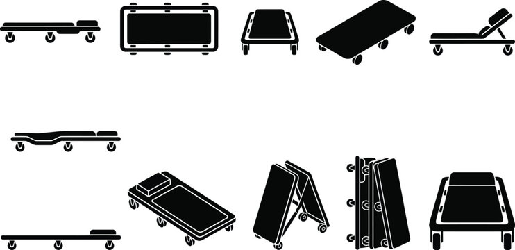 Ilustra&ccedil;&atilde;o vetorial de macas e padiolas m&eacute;dicas em diversas configura&ccedil;&otilde;es e &acirc;ngulos, com rodas para transporte de pacientes.