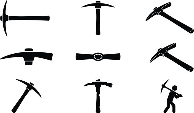 Cole&ccedil;&atilde;o de silhuetas de picaretas e um mineiro, ilustrando ferramentas de minera&ccedil;&atilde;o e constru&ccedil;&atilde;o em diversas poses.