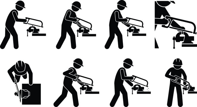 Ilustra&ccedil;&otilde;es de trabalhadores usando serra manual e ferramentas em tarefas industriais.