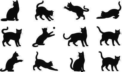 A collection of black cat silhouettes in various poses Vector © MstHosne