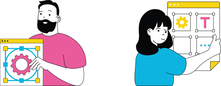 Two people collaborating on digital interface designs with gear and text layout icons on screens