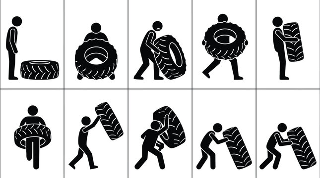Homem levantando e movendo um pneu grande em v&aacute;rias etapas, ilustrando diferentes t&eacute;cnicas de manuseio de objetos pesados.
