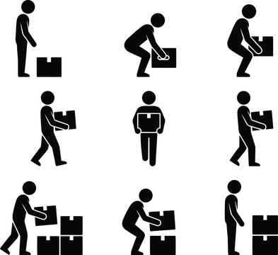 Ilustra&ccedil;&atilde;o de pictogramas mostrando diferentes est&aacute;gios e t&eacute;cnicas de levantamento e transporte de caixas, enfatizando a seguran&ccedil;a no trabalho e ergonomia.