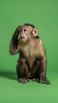 Monkey sitting on green background thinking.