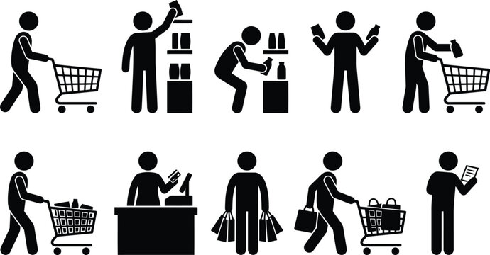 Pessoas fazendo compras em um supermercado, com carrinhos e sacolas, realizando diversas atividades.