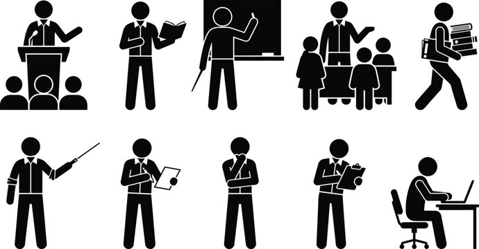 Conjunto de pictogramas de figuras de palito representando professores, alunos e profissionais em v&aacute;rias atividades educacionais e de escrit&oacute;rio.
