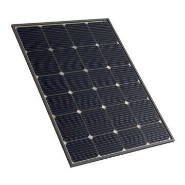 Single crystalline silicon photovoltaic solar panel with metallic frame isolated on black background for renewable energy and sustainable power generation concepts