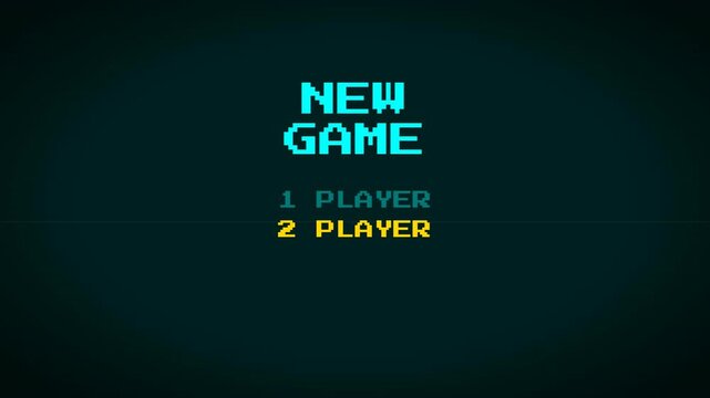 Retro NEW GAME menu flashing 1 or 2 PLAYER and PRESS START in neon pink and cyan for arcade screen