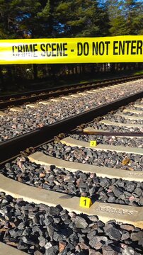 Yellow crime scene tape marking an investigation area on a railroad with evidence markers placed on the gravel between the tracks, indicating a serious incident or police investigation
