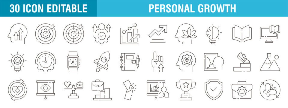 Collection of personal growth icons. Success, career, process, profit, business. Vector template editable stroke EPS 10.