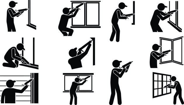 Piktogramme von Handwerkern, die Fensterrahmen, Fugen und Fassadenverkleidungen mit einer Dichtstoffpistole abdichten.
