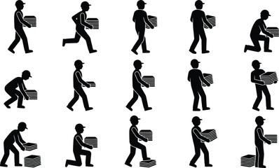 Fototapeta premium Delivery man silhouette icons, courier worker carrying boxes in various poses, 15 logistics and shipping vector elements for warehouse safety
