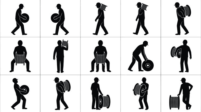 Detaillierte Darstellung von Silhouetten, die verschiedene Haltungen und Methoden beim Heben und Tragen schwerer Spulen oder Rollen zeigen.